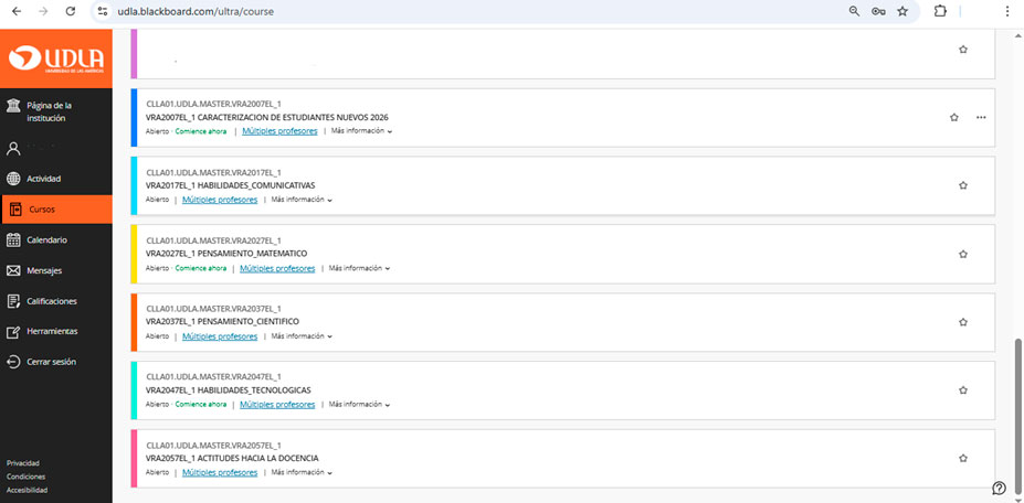 Captura de pantalla: Cursos de la encuesta de caracterización y diagnósticos